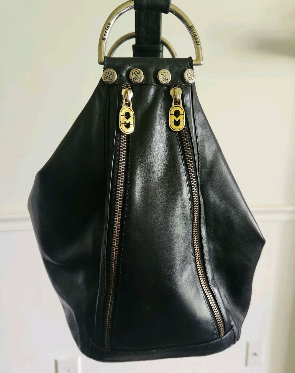 Marino Orlandi Black Italian Leather Sling Bucket Converts To Shoulder Tote Bag